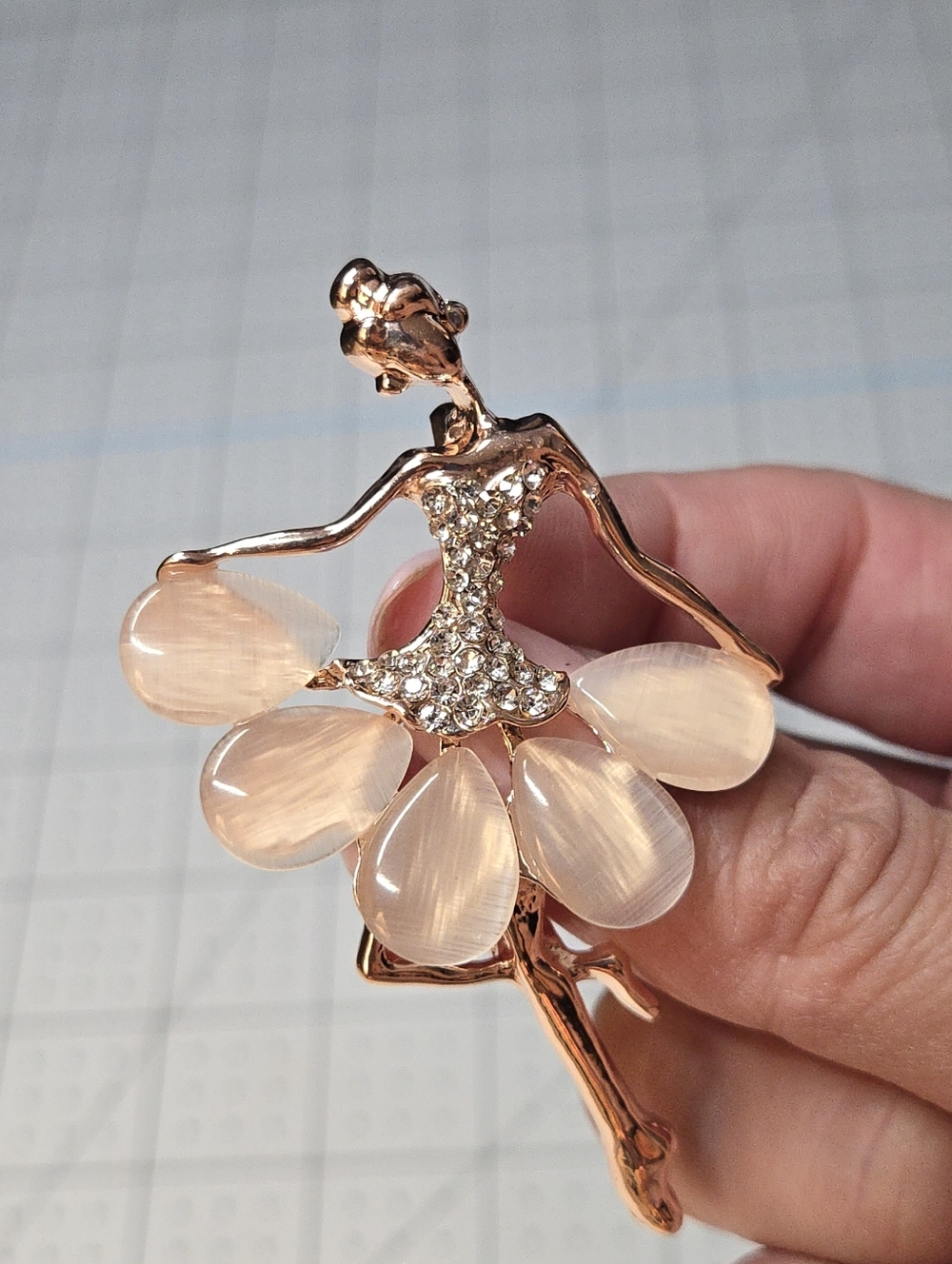 Vintage Ballerina Brooch Gold Tone Rhinestone Ballet Dancer Opaline Petal Skirt